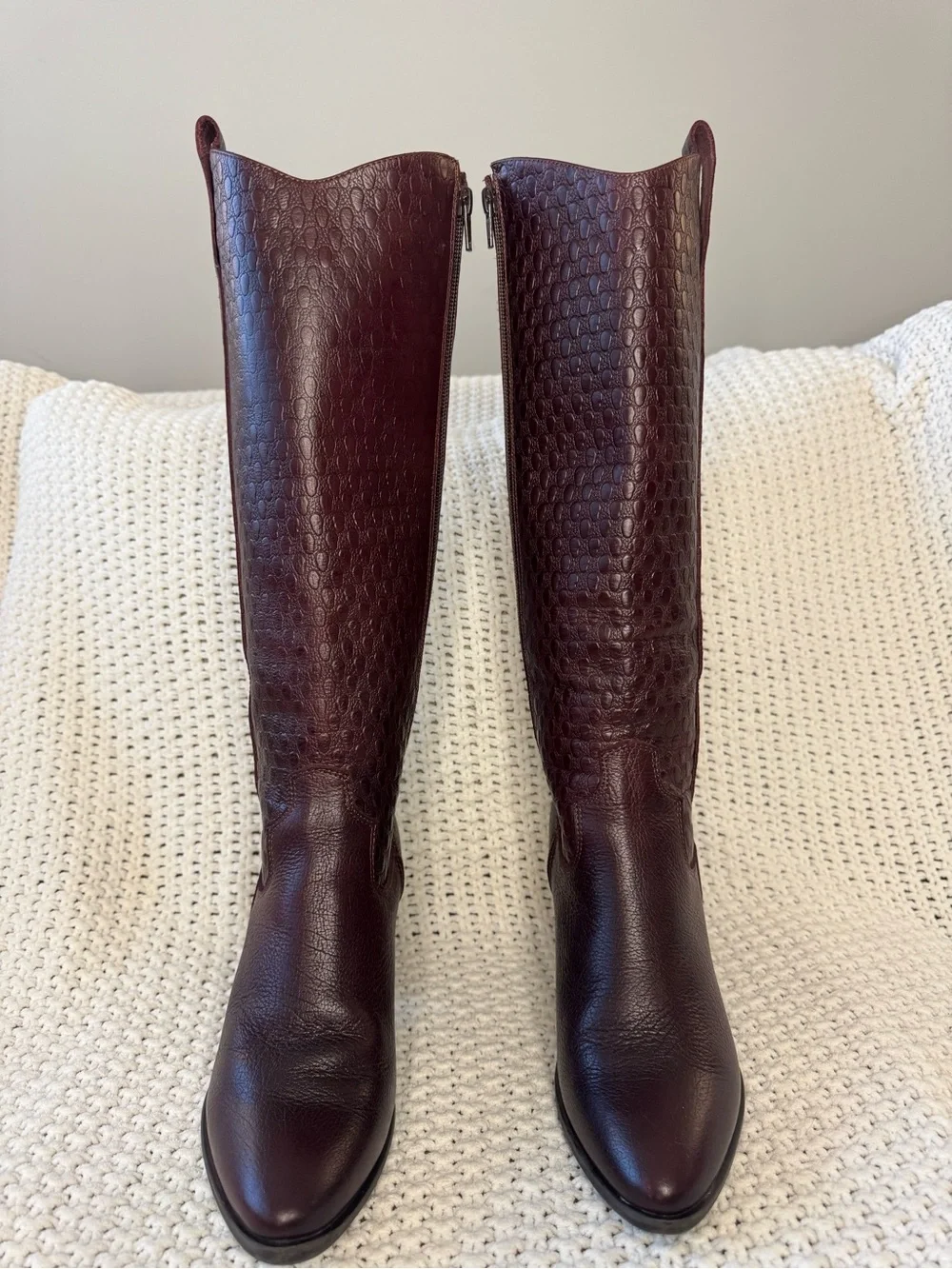 Piedrangular Burgundy Leather Croc Tall Boots Sz 7
